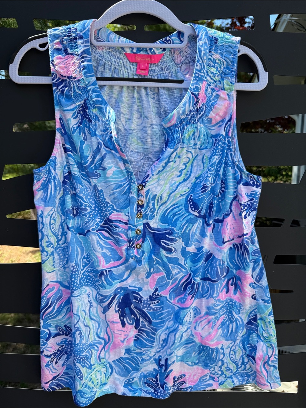 Lilly Pulitzer Essie Tank Blue Pink Green Printed Sleeveless Top size L